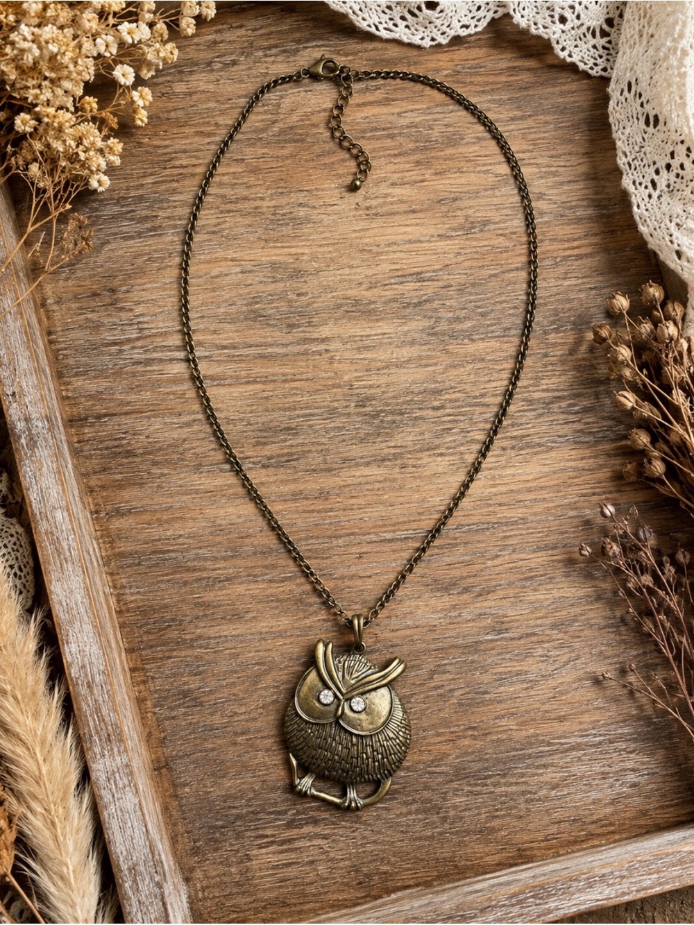 Vintage Owl Pendant Necklace Rhinestone Eyes 22” + Extender